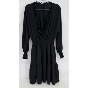 Culture Code Womens Black Ruffle V-Neck Smocked Waist Mini Dress Sz 2X